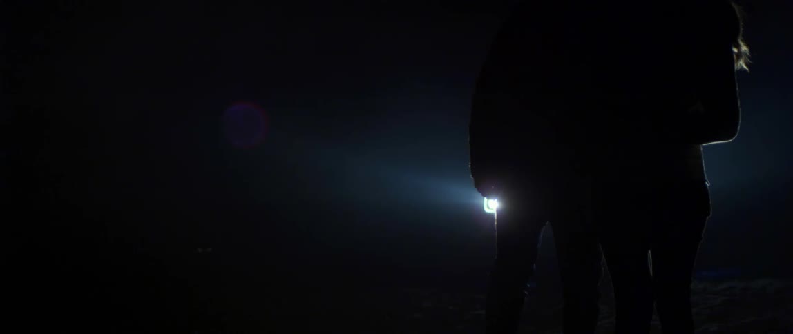 A couple kiss before walking passed camera at night
