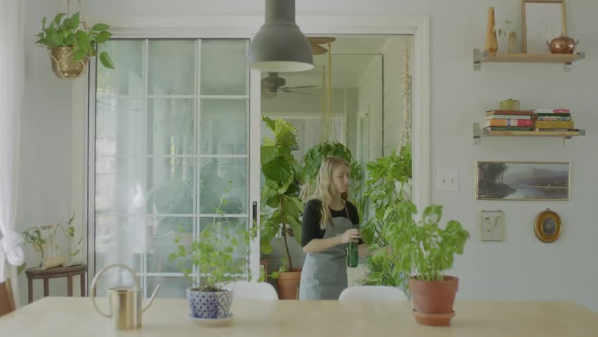 Woman watering potted plants in a home at daytime