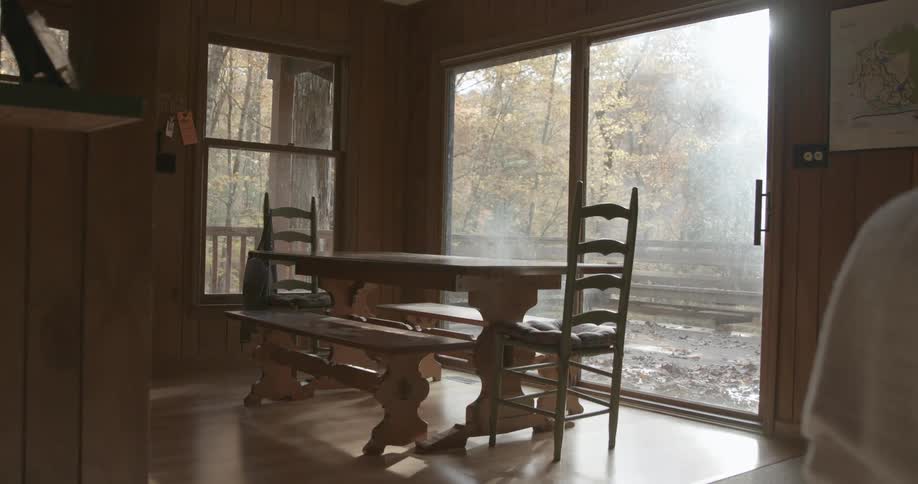 Sun shines over trees in yard decorated with fall foliage into dining room of home with wood paneling