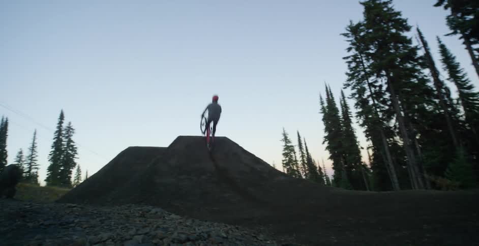 A person rides a bike over a ramp and hangs in midair at dusk surrounded by trees