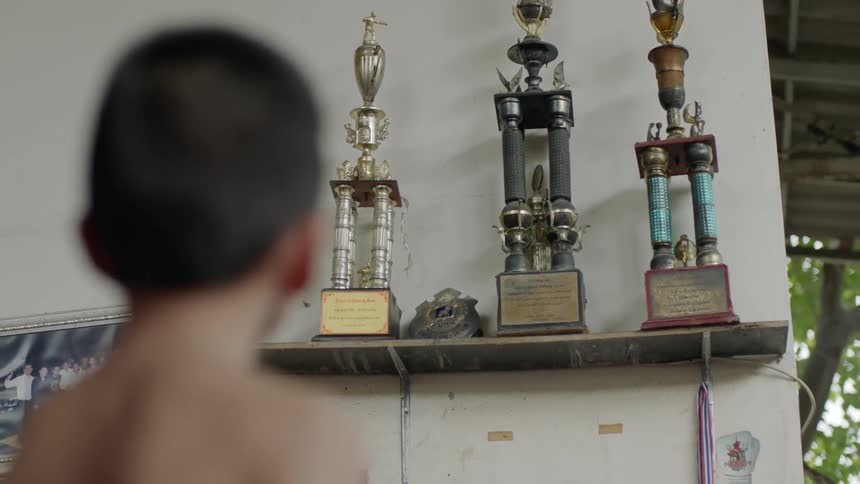 Shirtless boy contemplates trophies lined on a shelf in the wall