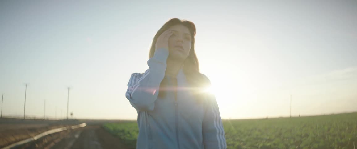 Young woman wearing sports clothes walking on a crop field at sunset