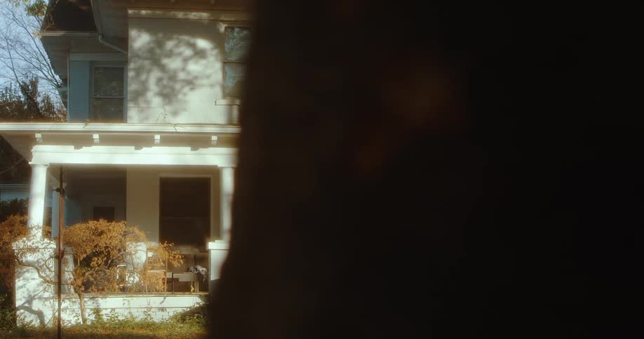 Sunlight shines through the foliage of trees onto a blue two story house