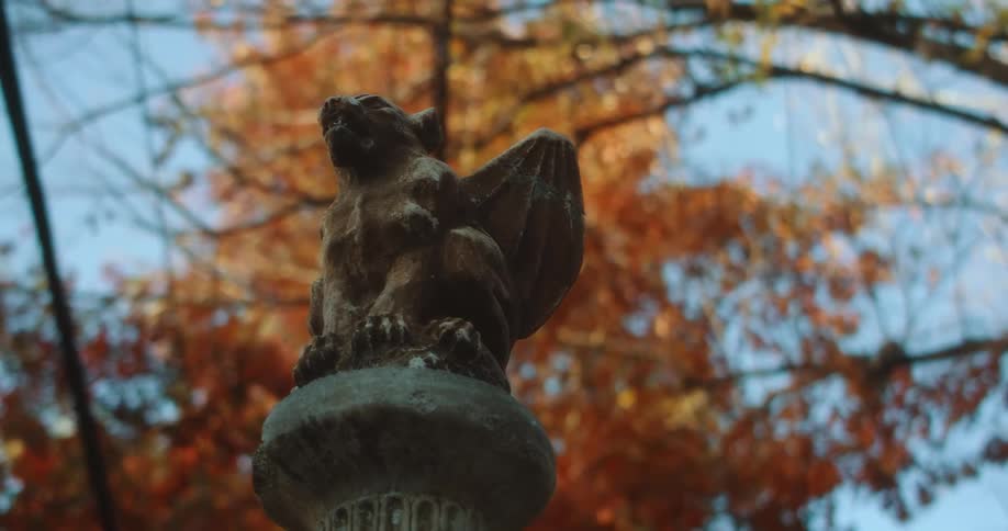 A statue is outdoors in autumn