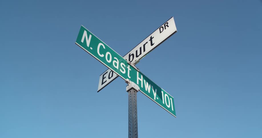 Under a clear blue sky a street sign indicates the names of two intersecting streets