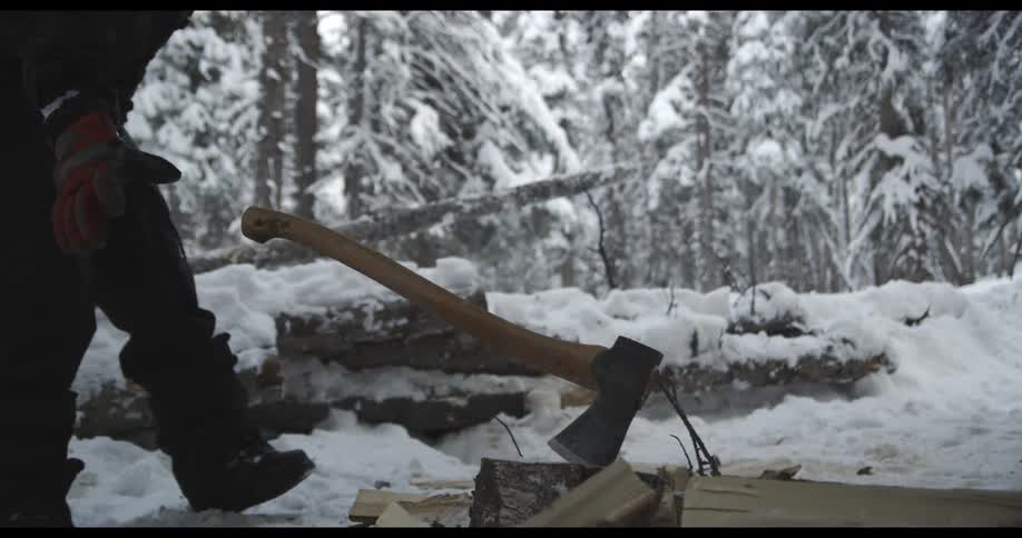 A man is outdoors in winter with an ax