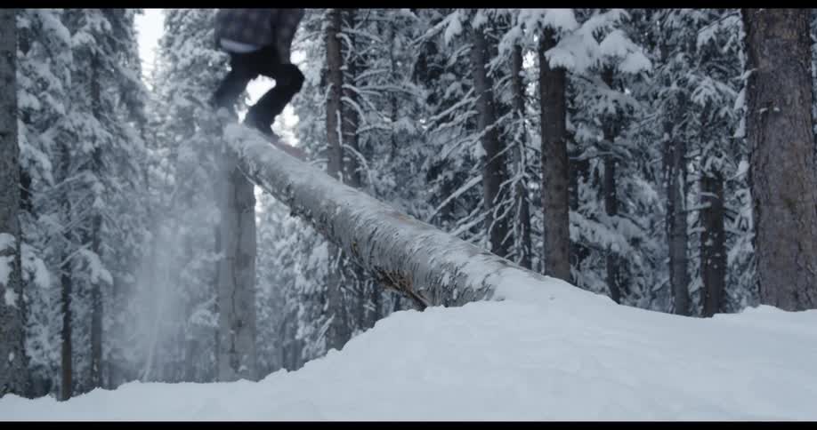 A person snowboarding up a log with trees the sky and clouds in the background