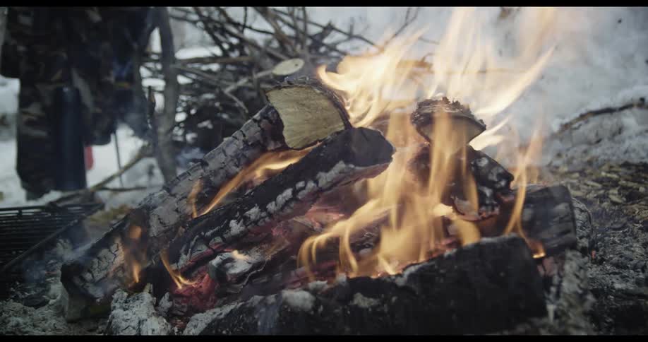 Fire crackling outside in the snow