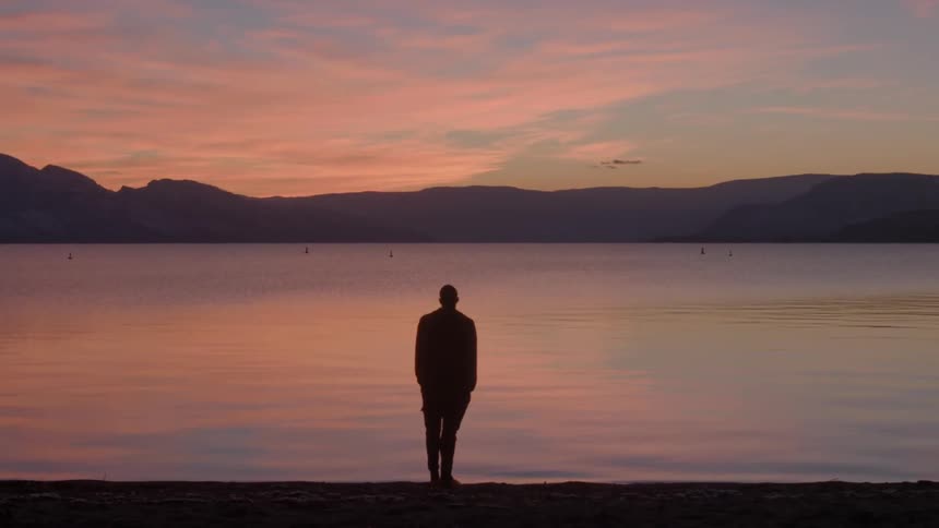 Silhouette of a person standing on the shore at sunset