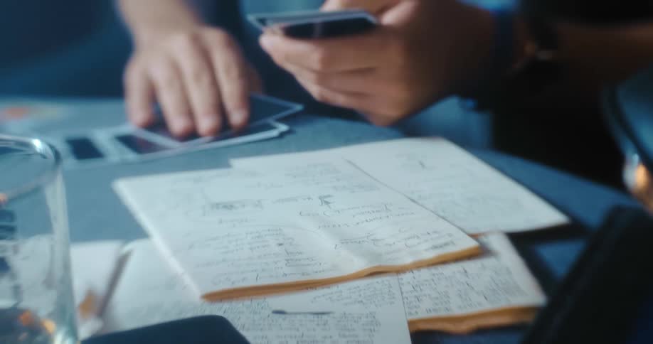 A person sits indoors while sorting through photo on a table in front of them