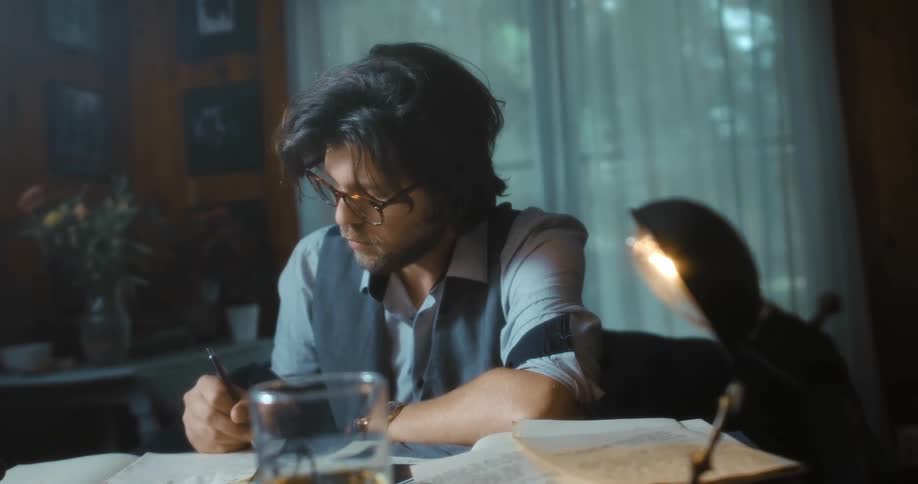 Man sitting at a desk in a room in a home writing with a pen on a piece of paper