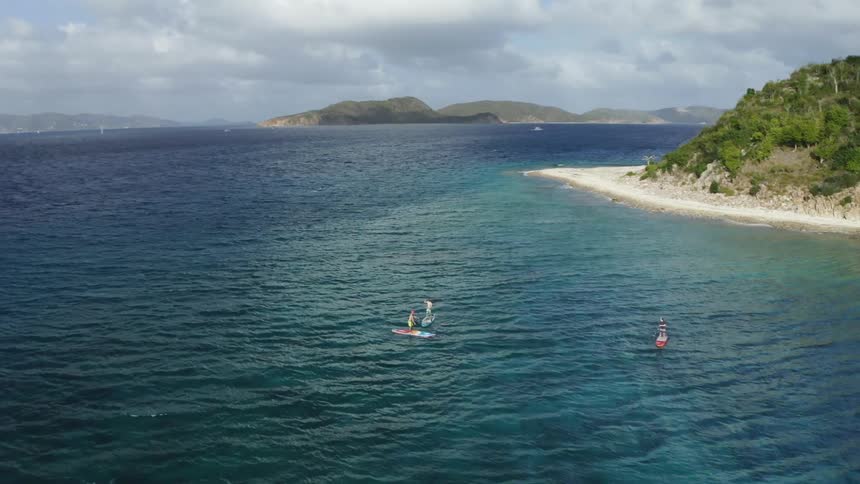 A trio of people paddle while standing atop paddle boards off the coast of a small beach during the day
