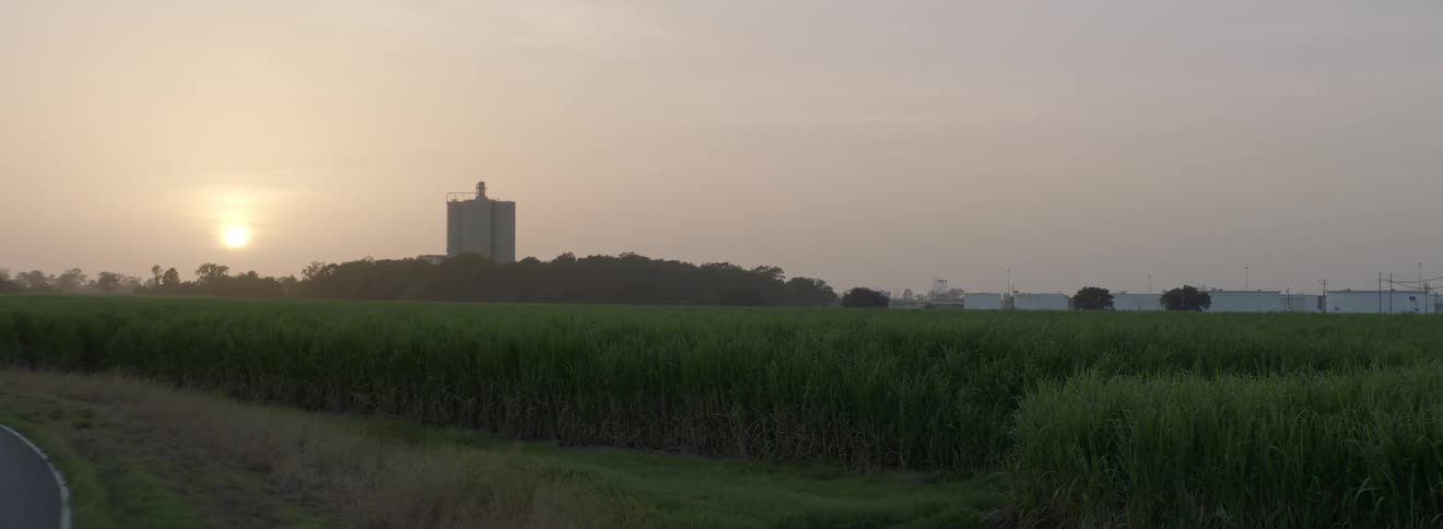 The sun is setting in a rural area
