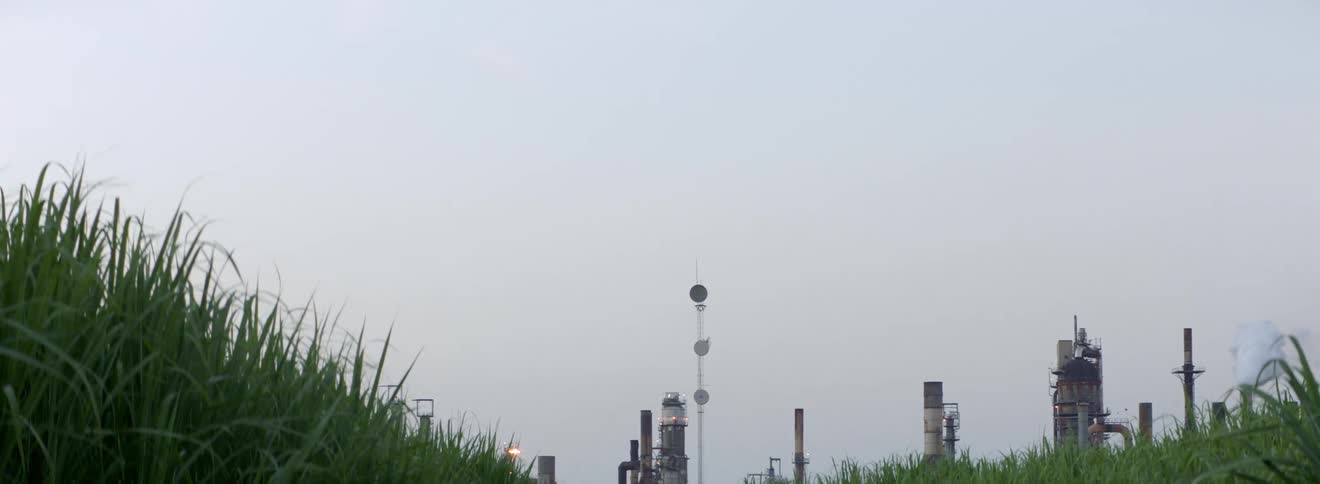 A pathway covered and surrounded with grass with a factory the sky and clouds in the background