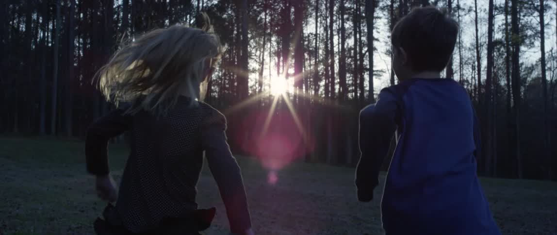 The sun shines through the trees on two children running