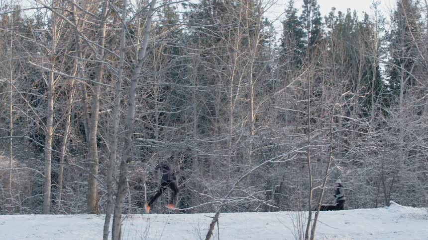A person is walking a dog as a man runs by