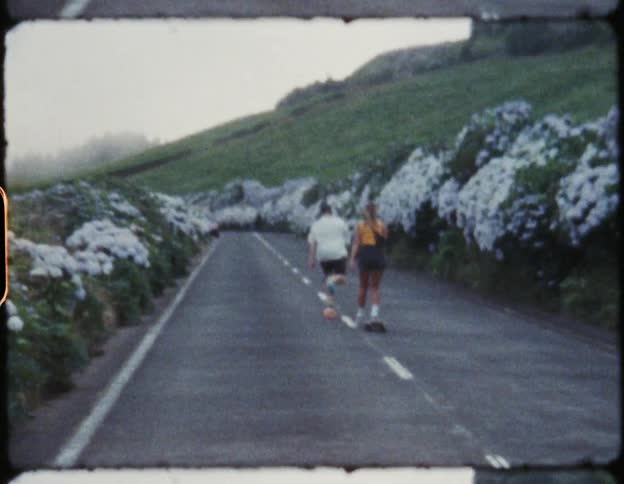 Couple ride skateboards down road past flower covered bushes bordering grass hill