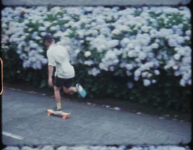 A man and woman skateboard down a road lined with bushes covered in white flowers during the day