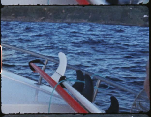 Yacht carrying surfboards on the sea near the coast