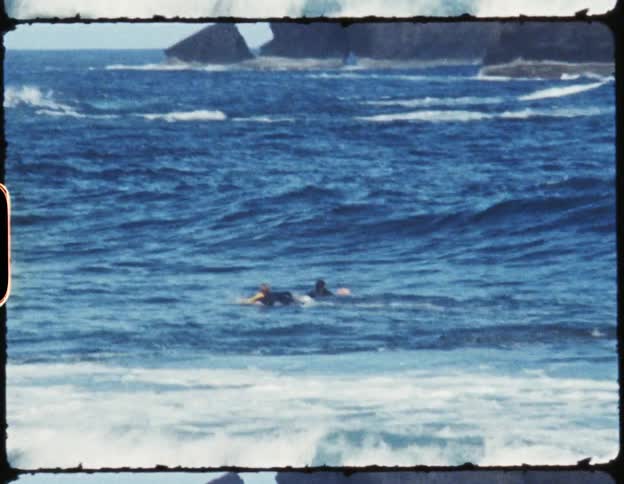 Two people swimming on surfboards trying to catch a wave in the ocean