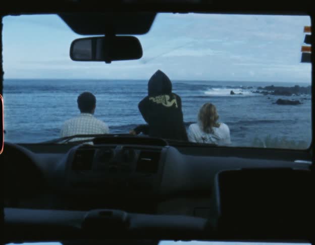 A shot of three people sitting on a shoreline looking at ocean from interior of car