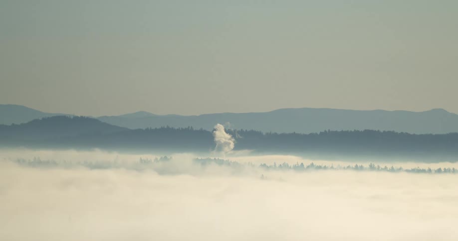 Static shot of smoke billowing up from a layer of fog