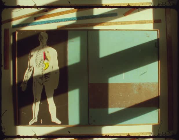 A wood framed painting of a human body and anatomy in green and brown paint with shadows