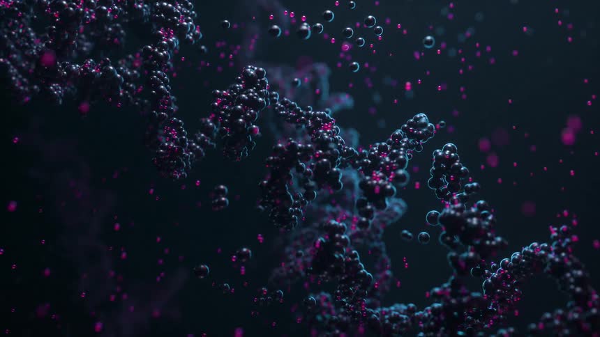 Strange DNA-like biochemistry molecules vibrating and floating underwater