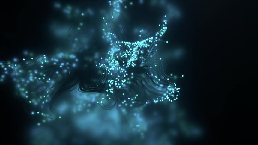 Particle strands with blue lights at the tips swirling in patterns
