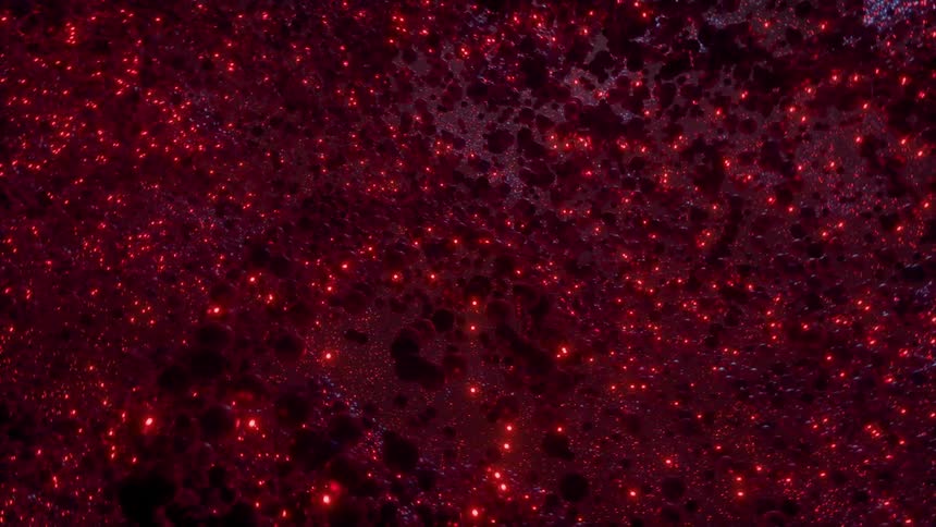 An explosion of red and purple molecules underwater