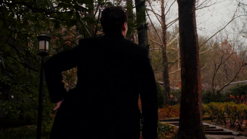 A man with a jacket walking on a pathway with trees the sky and clouds in the background