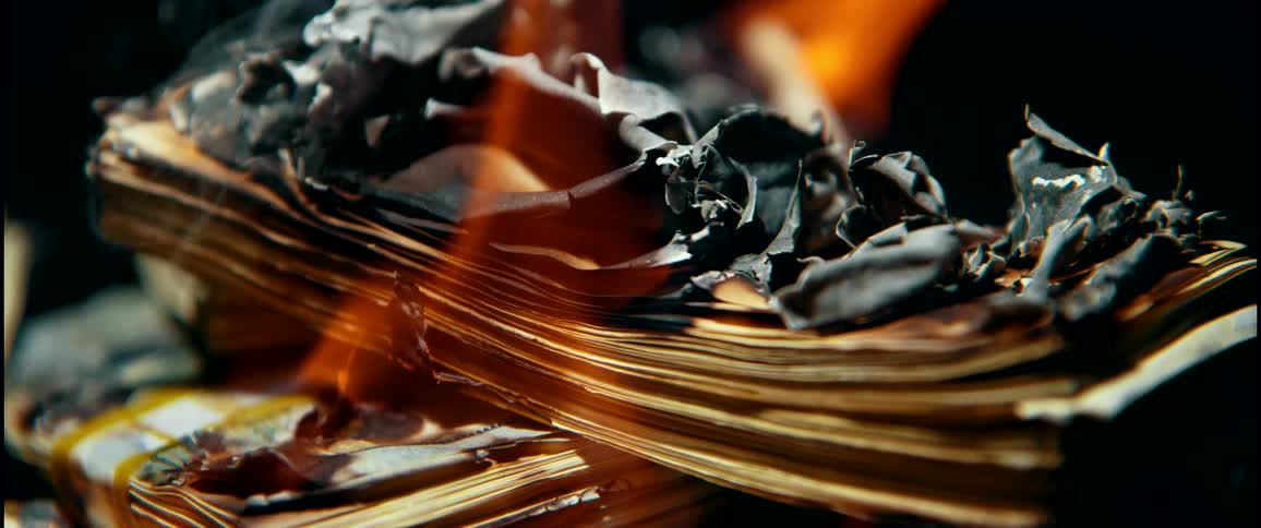 Paper burning in a pile with burnt black layers
