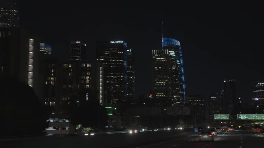 Tall skyscrapers on the citys downtown skyline at night