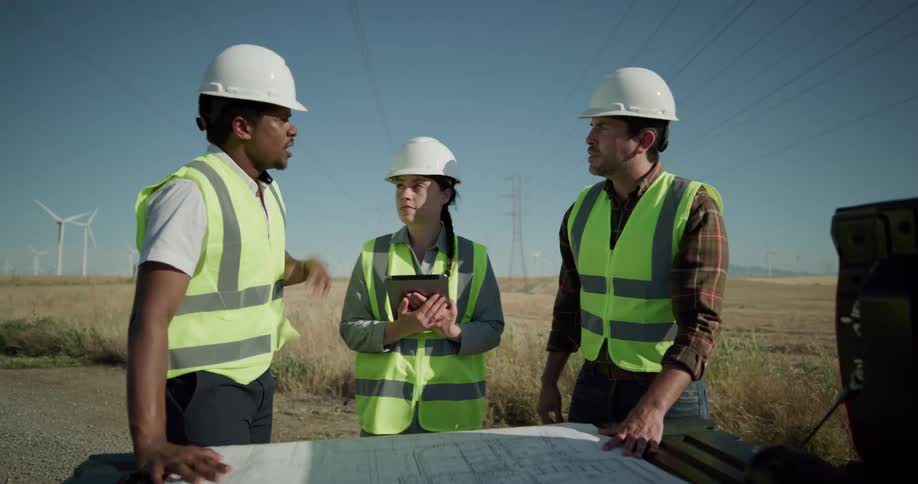 Three employees on a windfarm look at blueprints laid out on the back of a truck
