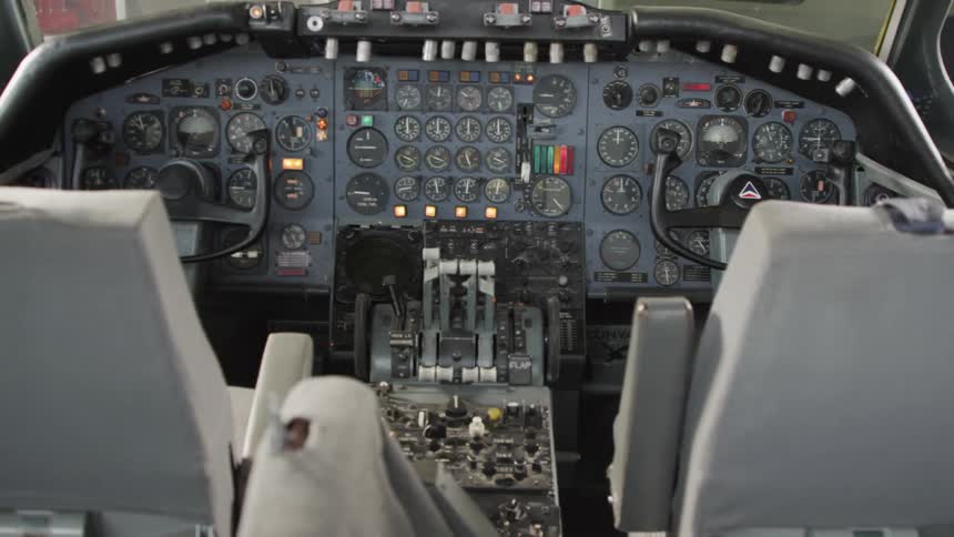 The cockpit of the plane is empty