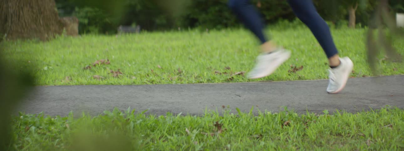 A person is jogging on the park trail