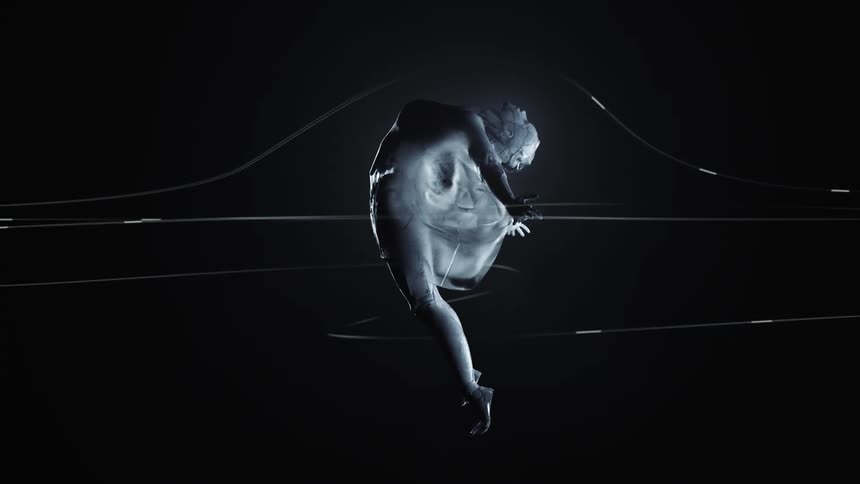 A futuristic image of a woman arching in the air as lines of light flow through her