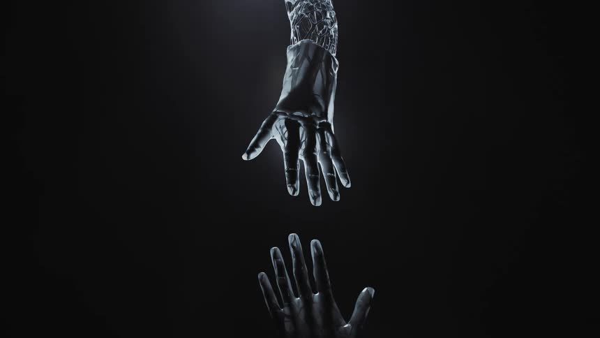 A conceptual hand reaching for another