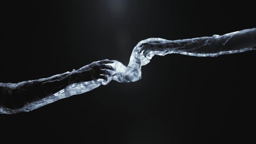 Two hands reaching out while covered in a plastic