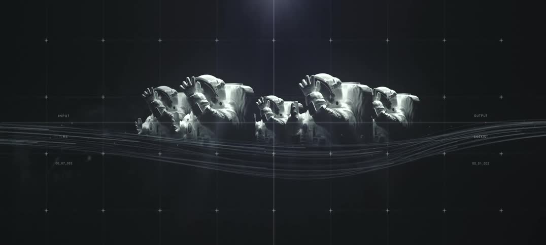 Five white space suits are together with hands going to the face against a black background with dots