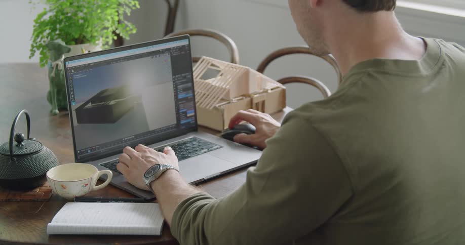 A man sits at a table at home working on a laptop with a pad of paper and a coffee cup next to him