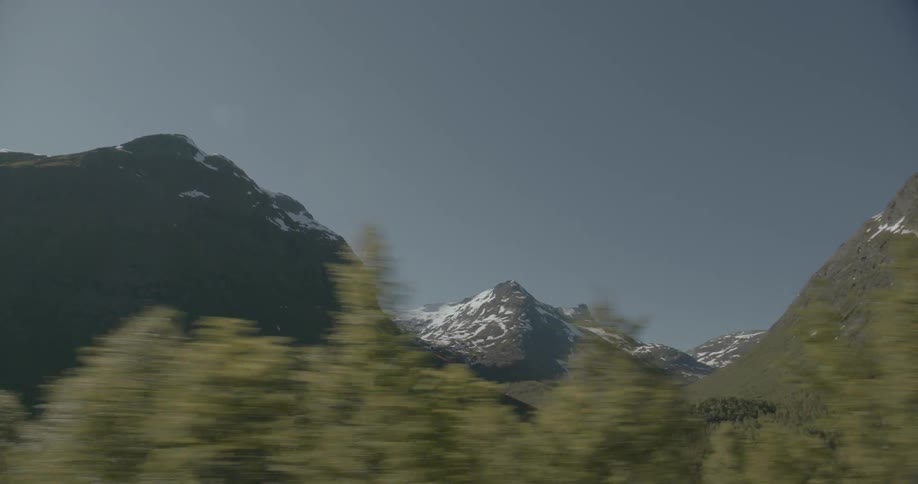 A mountain range has snow at the top and trees around it