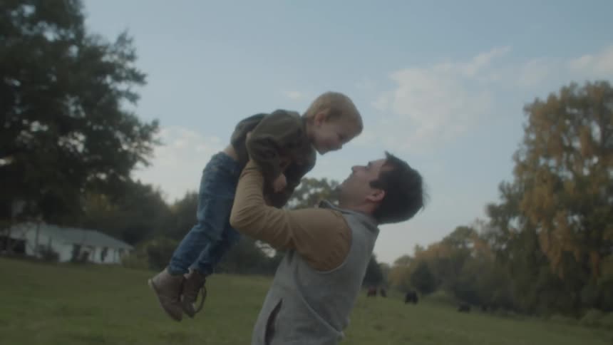 A dad throws his son in the air while standing in a field with cows behind a white house during the day
