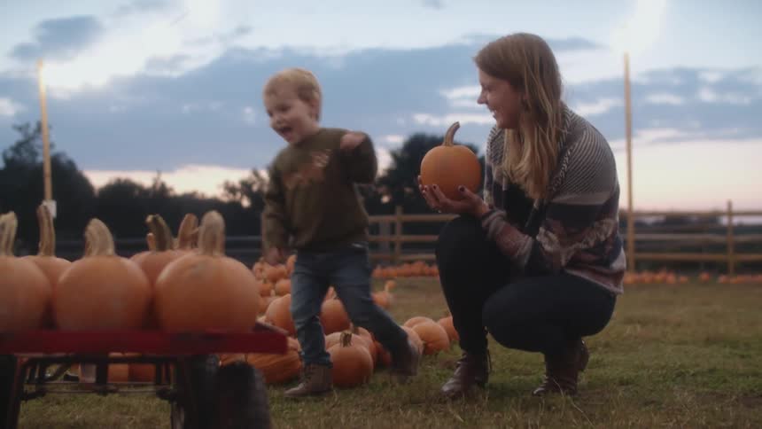 Woman holding small pumpkin as child comes to her and kisses her cheek with many pumpkins near