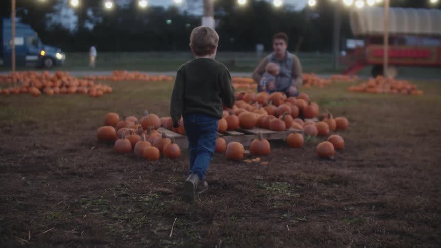 A boy runs towards a pile of pumpkins where his dad is sitting on a field at night