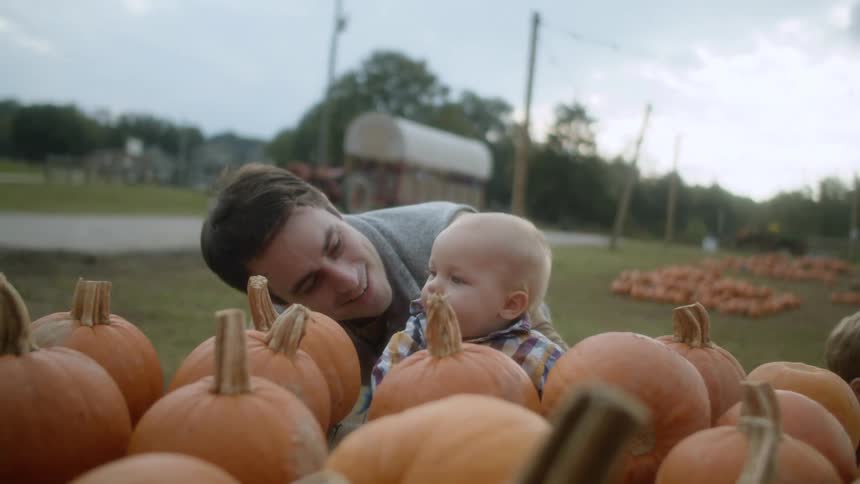 Father and son looking at small pumpkins in an outdoors farmers market