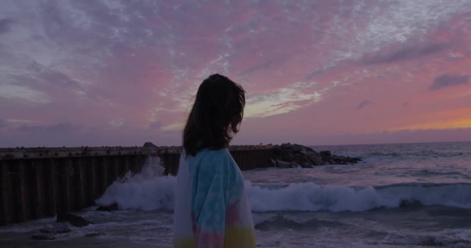 A woman stands on the shoreline looking at the sky with a low sun