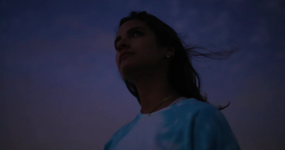 Wind blowing the long hair of a young womans head standing outdoors at sunset