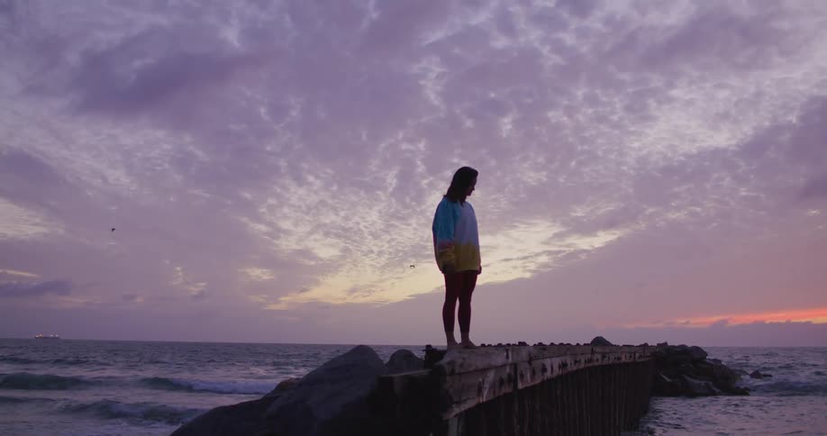 A woman stands on the shore as birds fly over the water