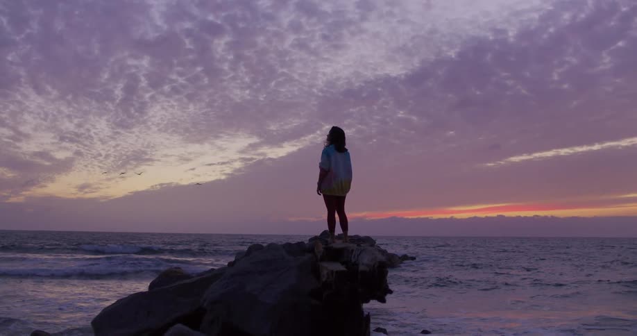 A woman stands on a rock overlooking the ocean at sunrise with purple skies